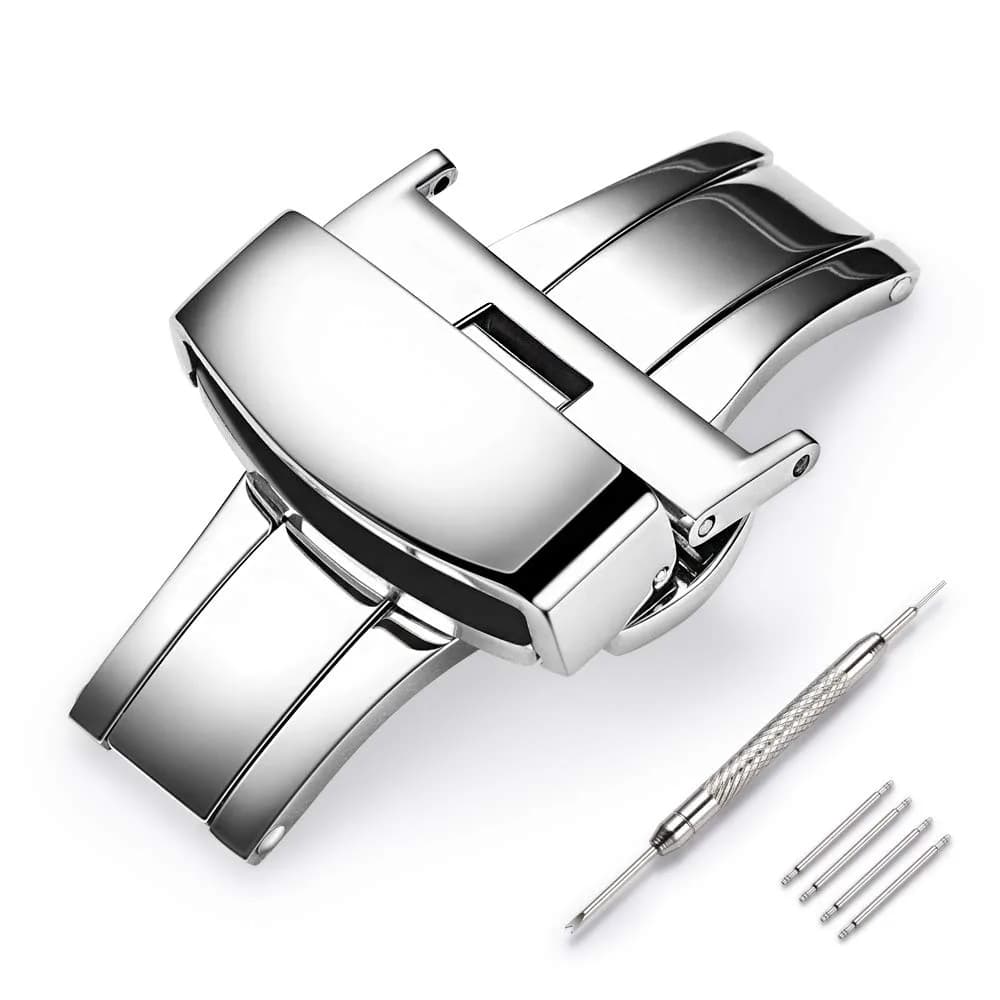 TEXNEWS Stainless Steel Deployment Clasp for Leather Watch Bands 18mm (0.71 in) | Polished Silver Buckle for Men — Silver