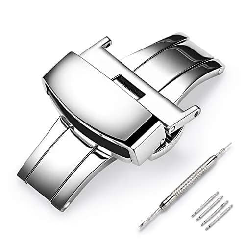 TEXNEWS Stainless Steel Deployment Clasp for Leather Watch Bands 18mm (0.71 in) | Polished Silver Buckle for Men thumbnail 1