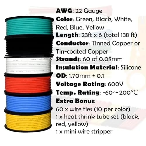 Plusivo 22 AWG Stranded Wire Kit – Silicone Coated Copper Wires 23ft/7m Each Spool, 6 Colors | Electrical Jumper Wire Hook Up Wire Kit thumbnail 3
