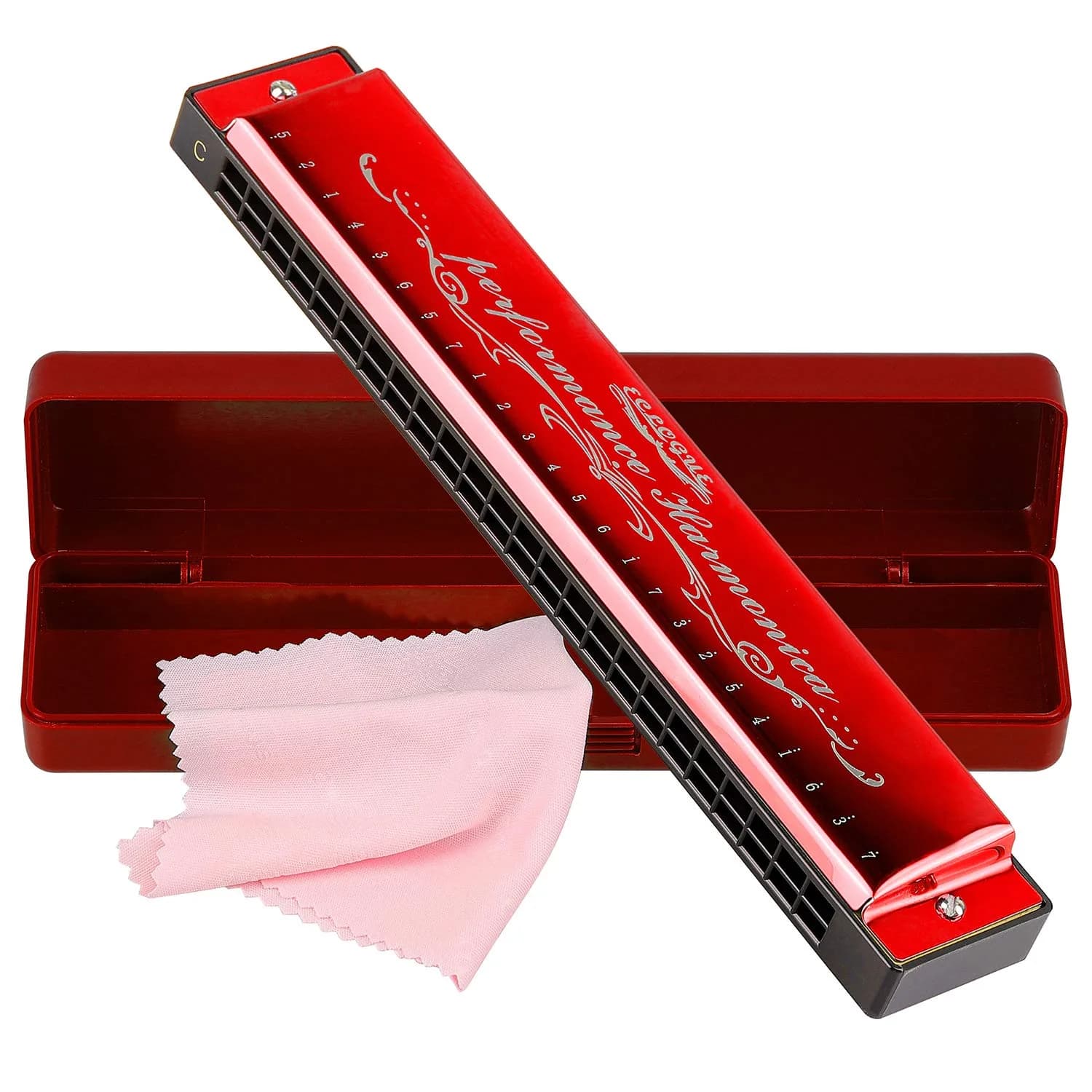 EastyGold Harmonica Mouthorgan 24 Hole C Key | Polyphonic Diatonic Instrument for Blues & Jazz — red