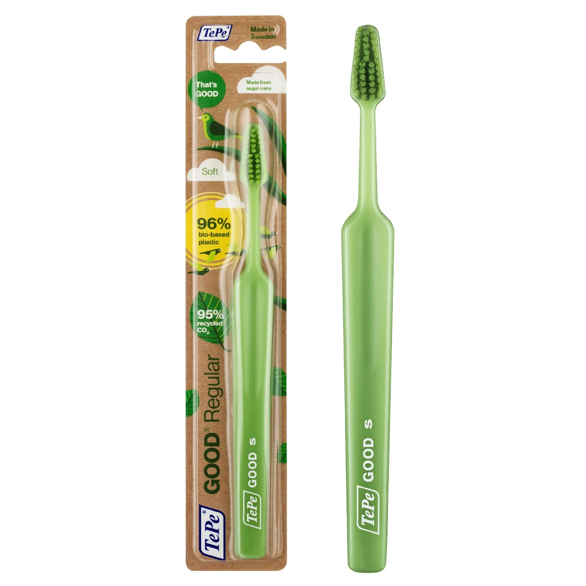 TePe Good Soft-Bristle Toothbrush Regular 1 Count (16.4g) | Bio-based Bristles & Handle — Green