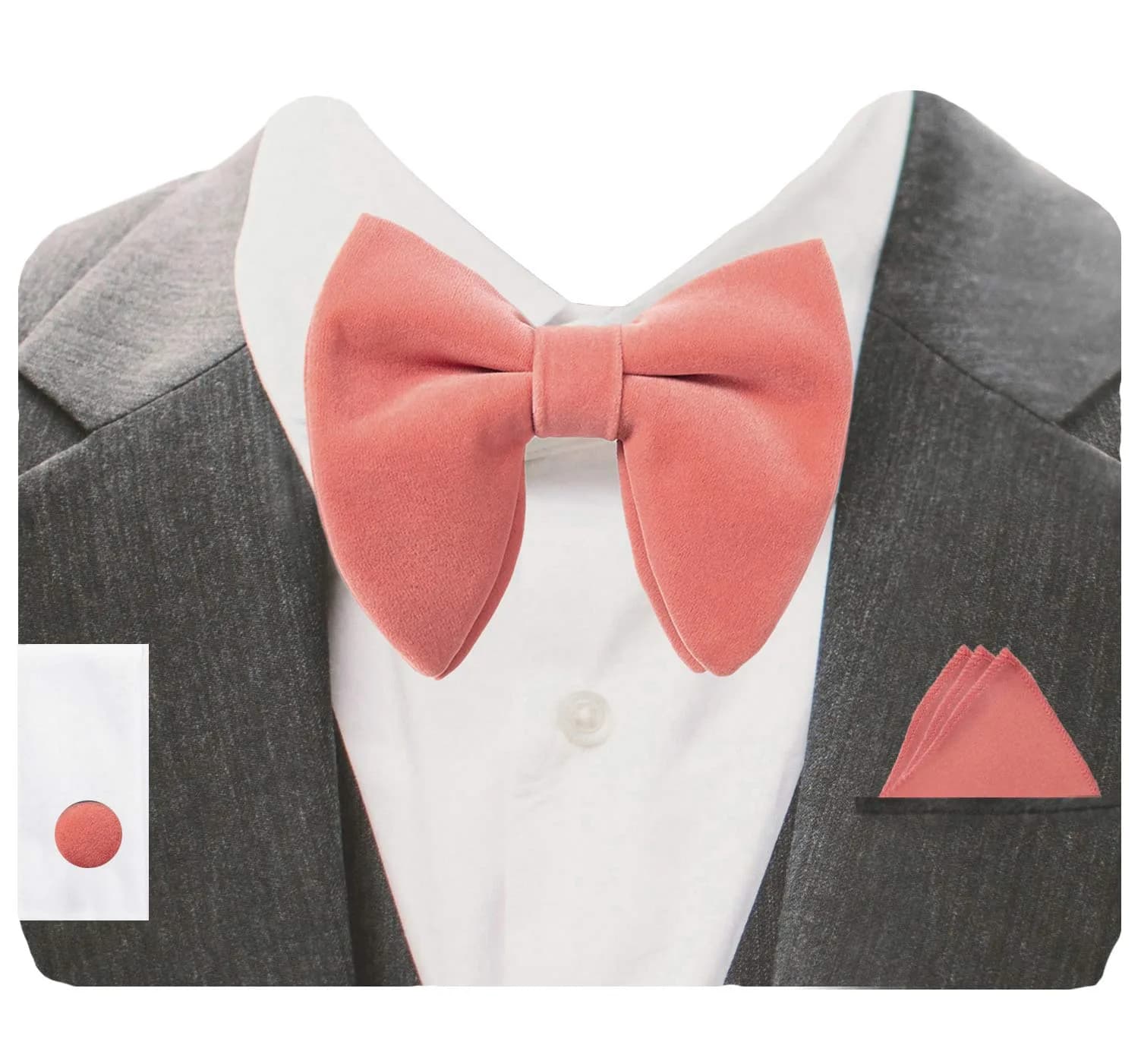 GUSLESON Coral Pink Velvet Bow Tie Set with Pocket Square & Cufflinks | Pre-tied Adjustable — Coral Pink