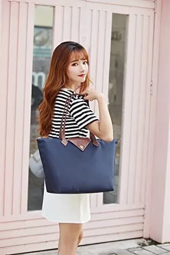 BOJLY Women's Tote Bag, Stylish Waterproof Nylon Shoulder Bag, Folding Beach Travel Bag for Work, Shopping, Blue Large | Everyday Carry Companion thumbnail 3