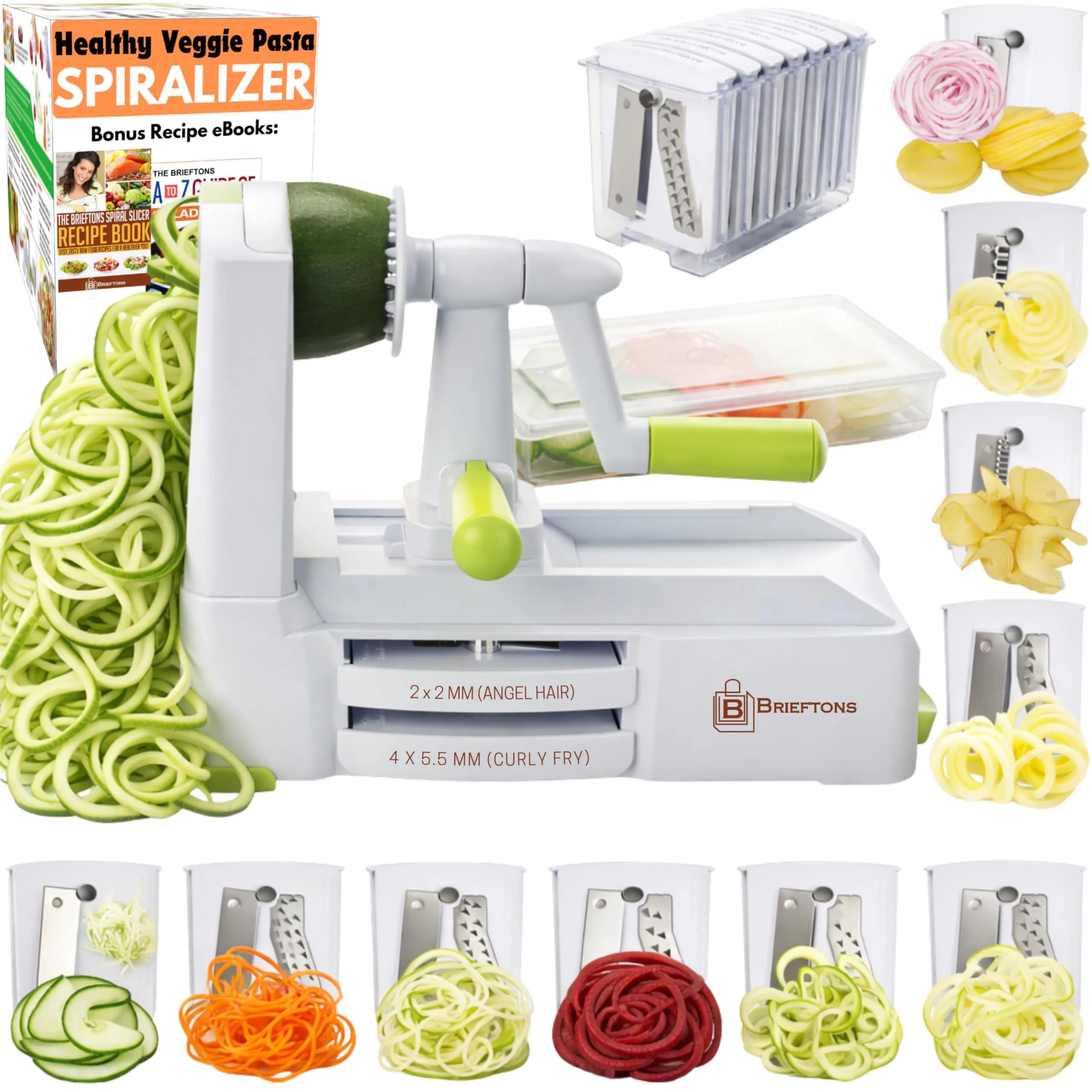 Brieftons 10-Blade Vegetable Spiralizer: Zoodle Maker & Veggie Noodle Maker, Potato String & Curly Fry Cutter, Japanese Steel Blades, Catch Container, Strong Suction Pad, 4 eBooks (10-Piece Set) — White (10 Blades)