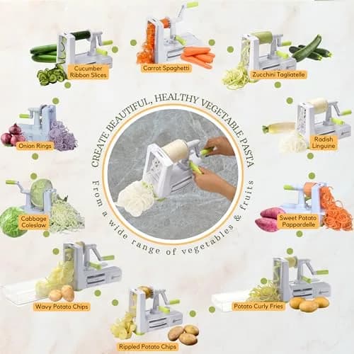 Brieftons 10-Blade Vegetable Spiralizer: Zoodle Maker & Veggie Noodle Maker, Potato String & Curly Fry Cutter, Japanese Steel Blades, Catch Container, Strong Suction Pad, 4 eBooks (10-Piece Set) thumbnail 5