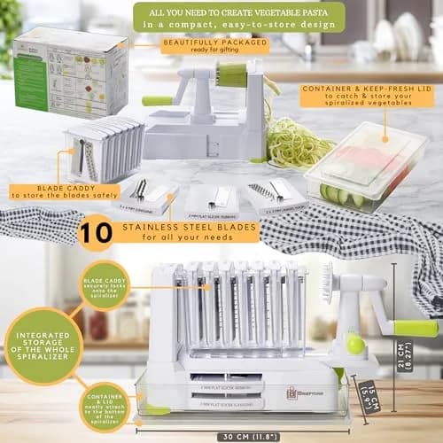 Brieftons 10-Blade Vegetable Spiralizer: Zoodle Maker & Veggie Noodle Maker, Potato String & Curly Fry Cutter, Japanese Steel Blades, Catch Container, Strong Suction Pad, 4 eBooks (10-Piece Set) thumbnail 7