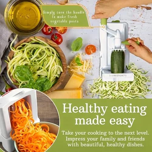 Brieftons 10-Blade Vegetable Spiralizer: Zoodle Maker & Veggie Noodle Maker, Potato String & Curly Fry Cutter, Japanese Steel Blades, Catch Container, Strong Suction Pad, 4 eBooks (10-Piece Set) thumbnail 2