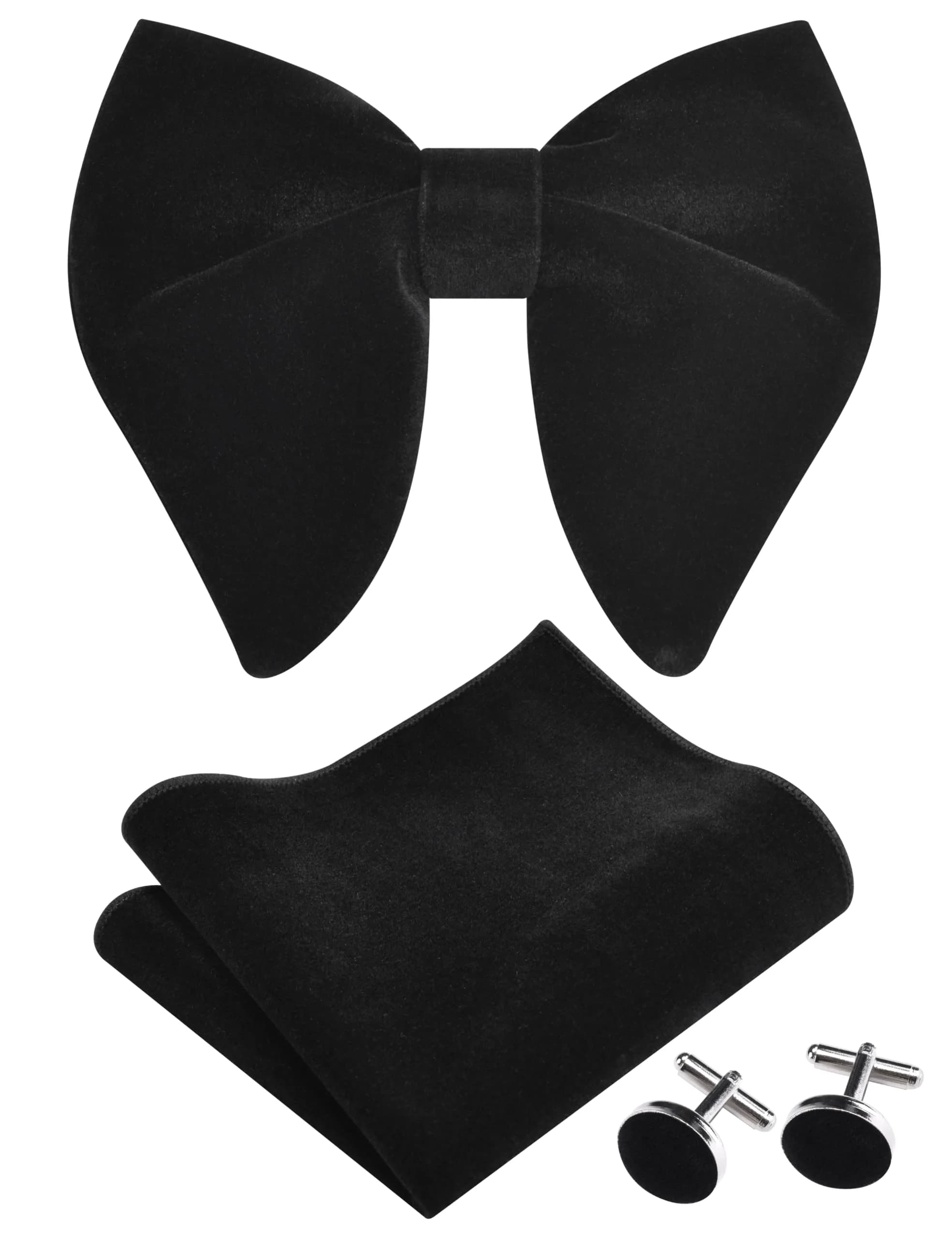 GUSLESON Solid Black Velvet Bow Tie Set with Pocket Square & Cufflinks | Pre-tied Adjustable - main product image