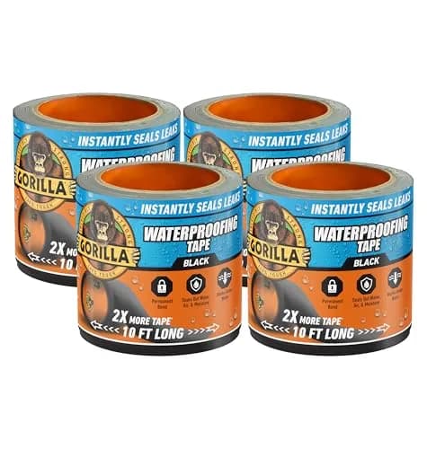 Gorilla Waterproof Patch & Seal Tape, Black, 4" x 10' (Pack of 4) | Permanent Weather Resistant Seal for Leaks and Repairs thumbnail 1