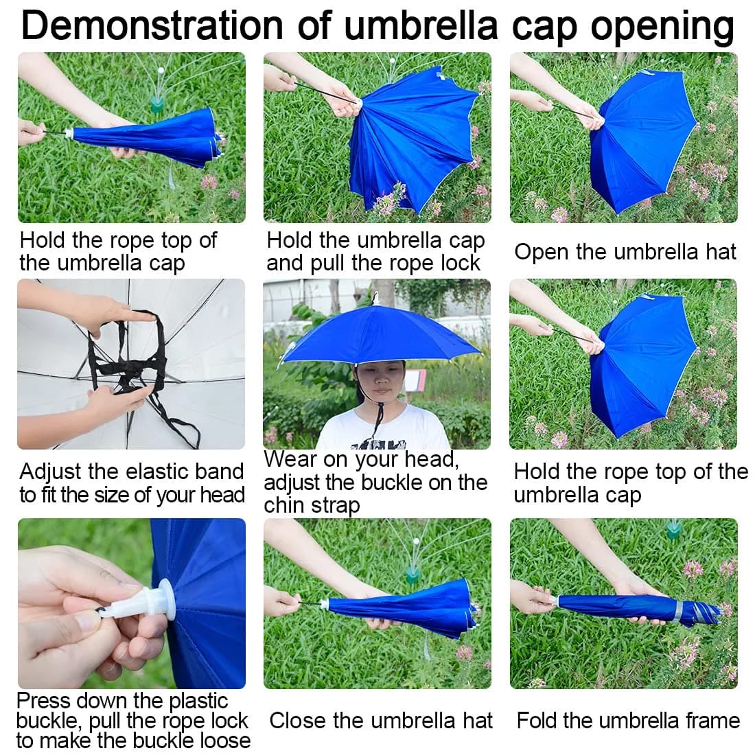 NEW-Vi Umbrella Hat Adult and Kids Folding Cap Blue/Silver | Hands-Free Sun and Rain Protection - view 3