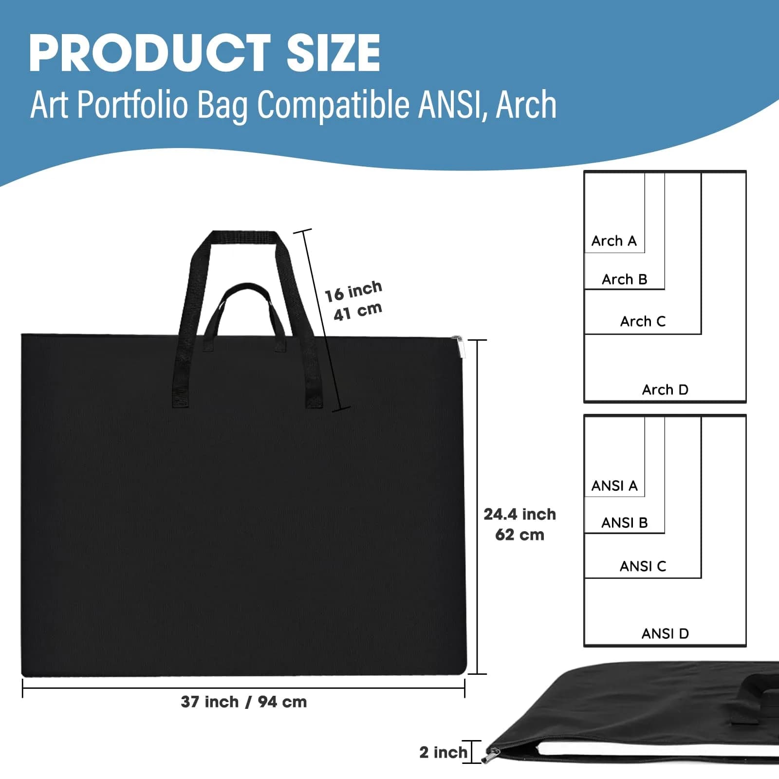 ZKOO Large Art Portfolio Bag 61 x 76 cm (24 x 36 Inch) | Waterproof Black Canvas Carrier Case - view 2