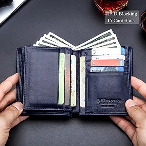 BULLCAPTAIN Large Capacity Genuine Leather Wallet for Men QB-027 | RFID Protected & Expandable (Blue) thumbnail 4