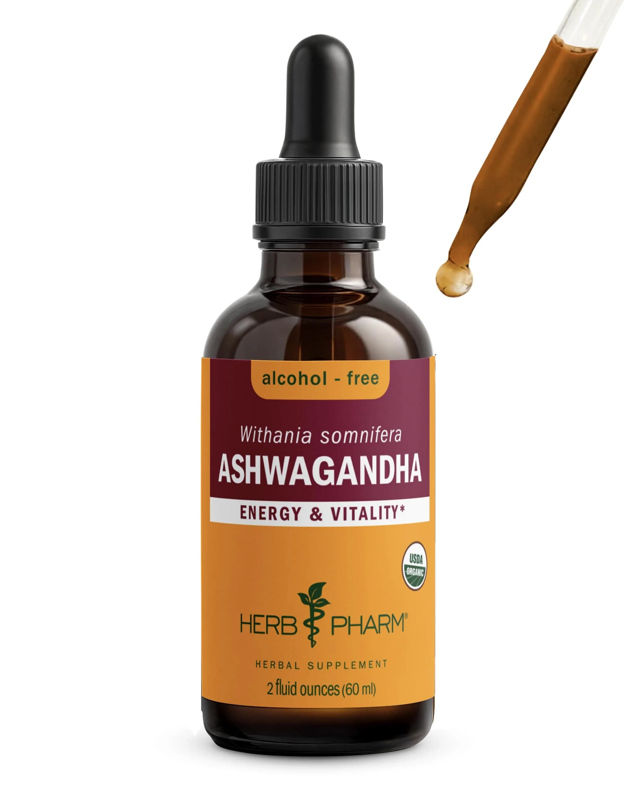 Herb Pharm Organic Ashwagandha Alcohol-Free Liquid Extract 60ml (2 Fl Oz) | USDA Organic Stress Support Glycerite - main product image