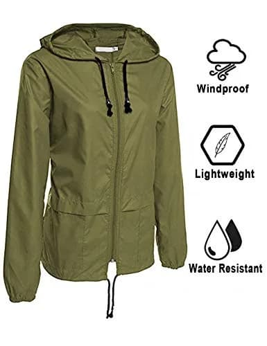 Avoogue Lightweight Raincoat Women's Waterproof Windbreaker Packable Outdoor Hooded Rain Jacket Army Green M thumbnail 3