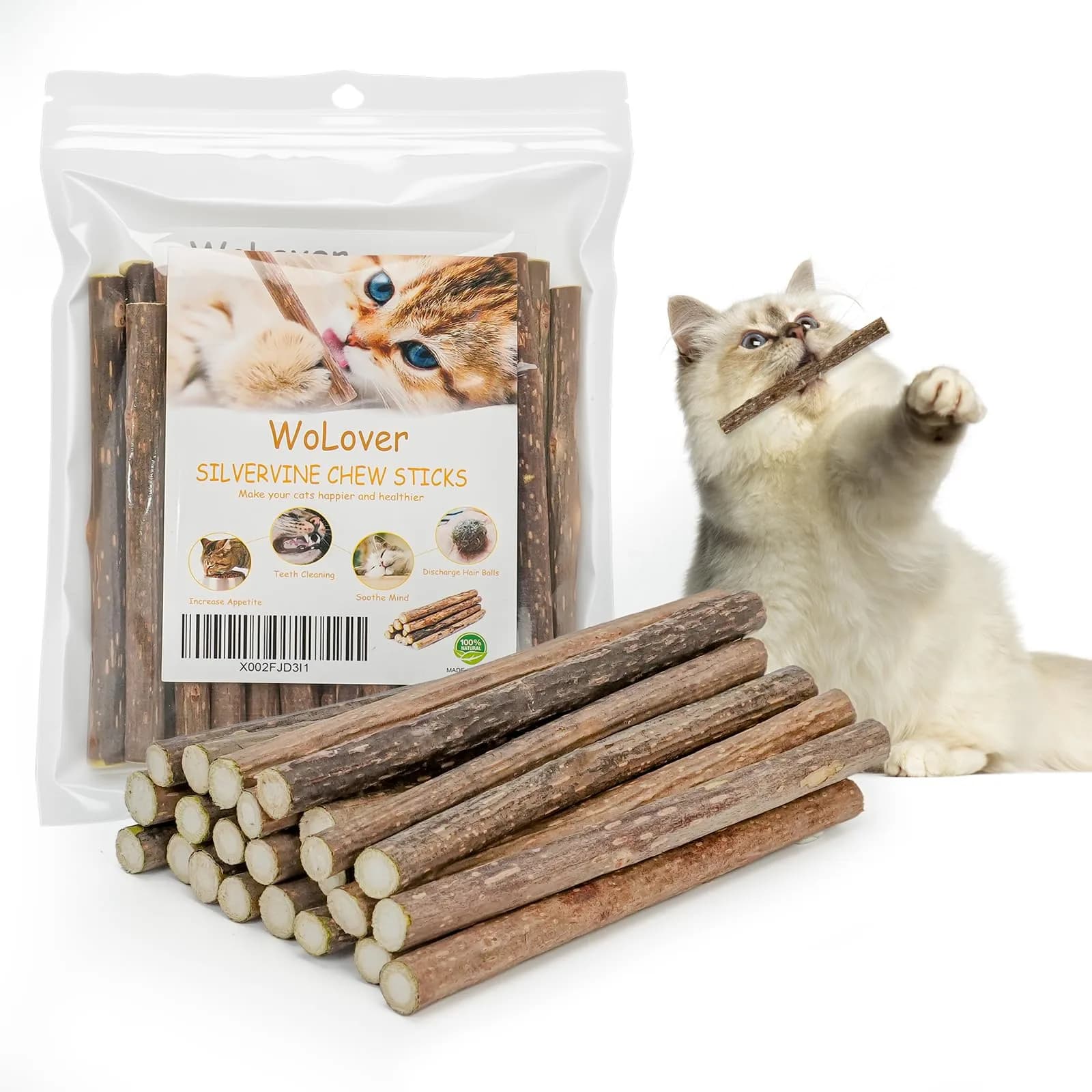 WoLover Silvervine Sticks for Cats, 25 Count | Natural Matatabi Chew Toys for Dental Care & Play