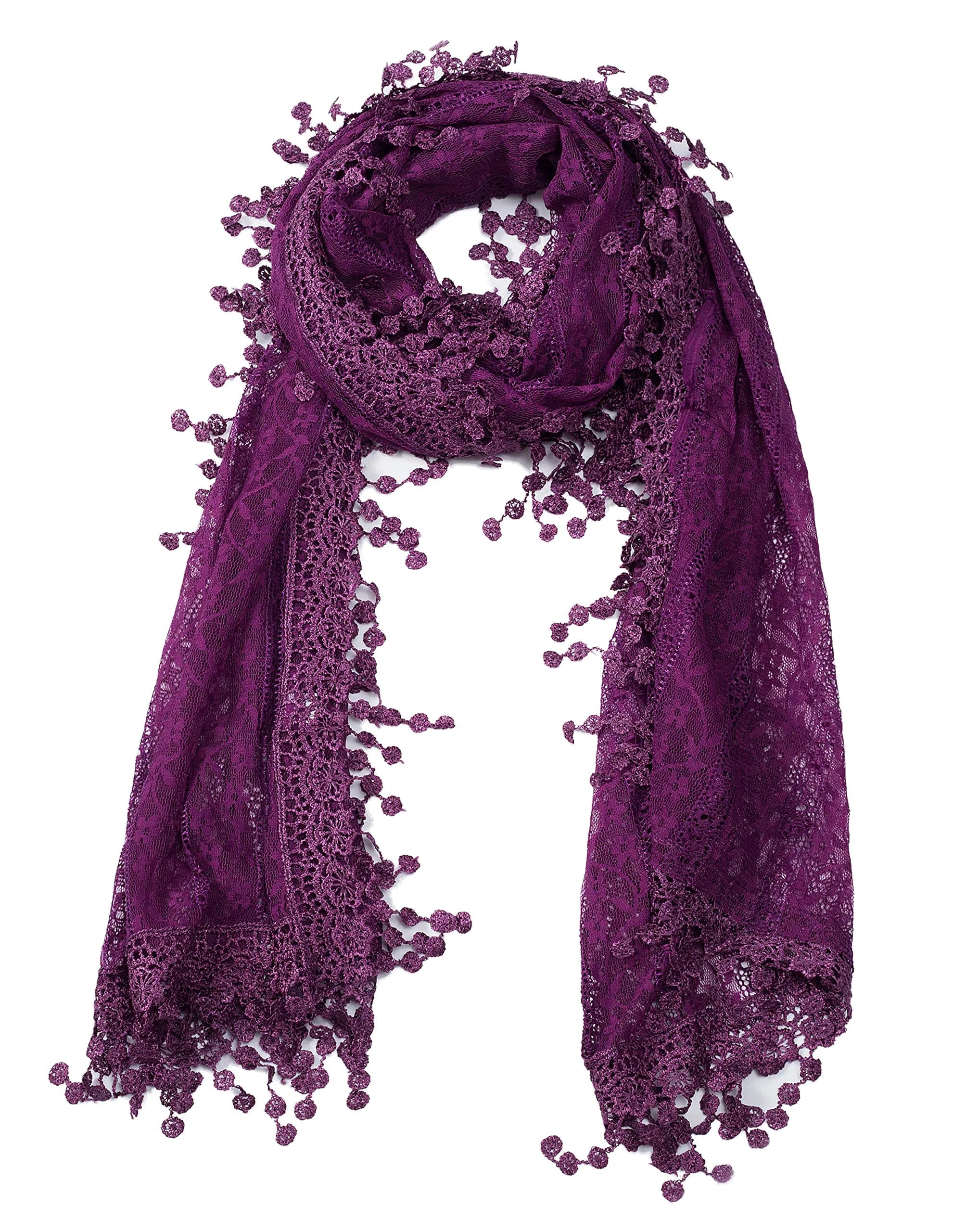 Tan's Women's Lightweight Feminine Lace Teardrop Fringe Scarf 20" x 70" | Elegant Mesh Crochet Tassel — American Purple With Fringes