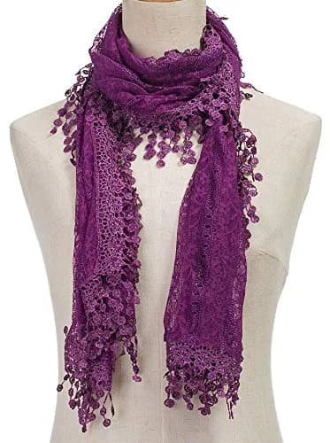 Tan's Women's Lightweight Feminine Lace Teardrop Fringe Scarf 20" x 70" | Elegant Mesh Crochet Tassel thumbnail 2