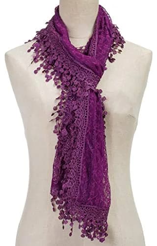 Tan's Women's Lightweight Feminine Lace Teardrop Fringe Scarf 20" x 70" | Elegant Mesh Crochet Tassel thumbnail 3