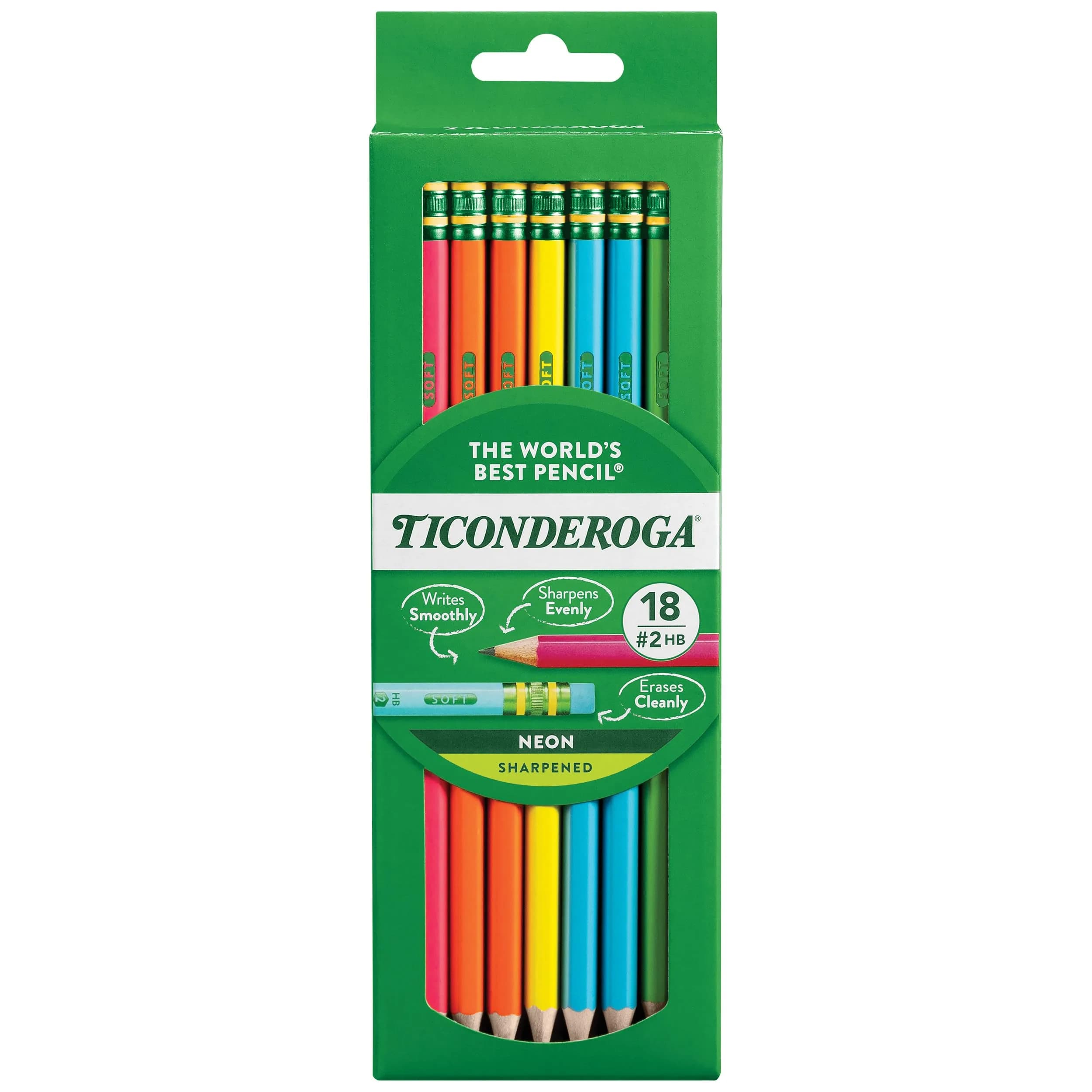 Ticonderoga Wood-Cased Pencils, Pre-Sharpened | Bright Neon Colors, #2 Graphite, Kid-Safe, 18 Count