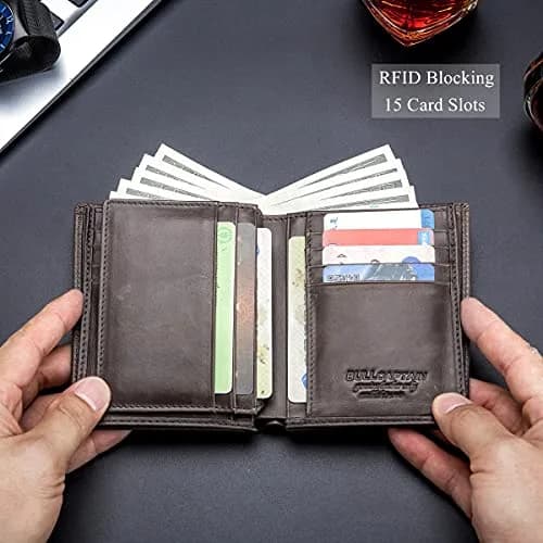BULLCAPTAIN Genuine Leather Wallet for Men QB-027 Grey | Large Capacity RFID Blocking Bifold Wallet 12.5cm x 9.5cm x 2.5cm thumbnail 4