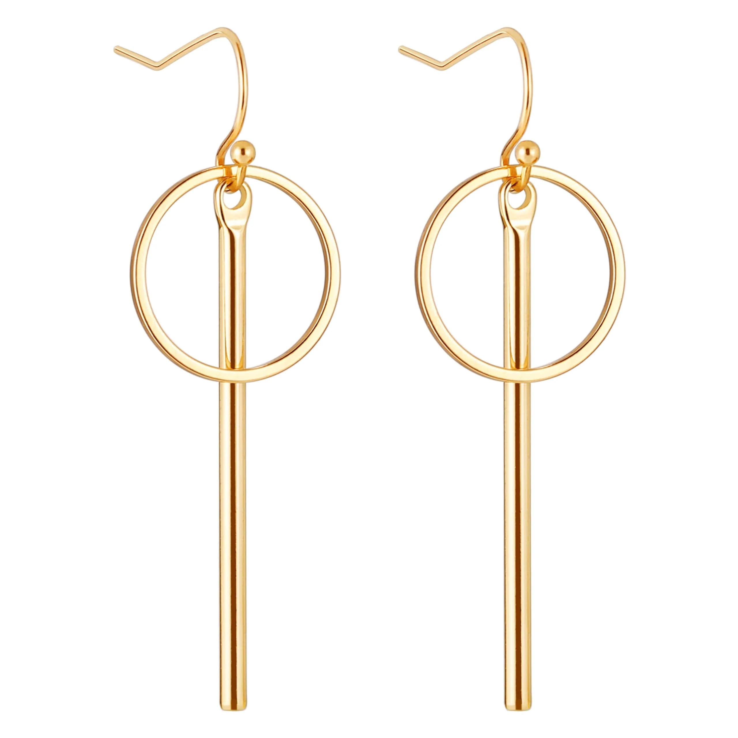 Aobei Pearl 18K Gold Plated Circle Bar Dangle Earrings 40mm (1.57 inches) | Minimalist Geometric Jewelry for Women