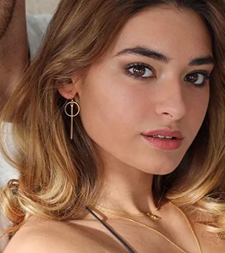 Aobei Pearl 18K Gold Plated Circle Bar Dangle Earrings 40mm (1.57 inches) | Minimalist Geometric Jewelry for Women thumbnail 4