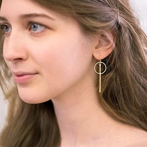 Aobei Pearl 18K Gold Plated Circle Bar Dangle Earrings 40mm (1.57 inches) | Minimalist Geometric Jewelry for Women thumbnail 2