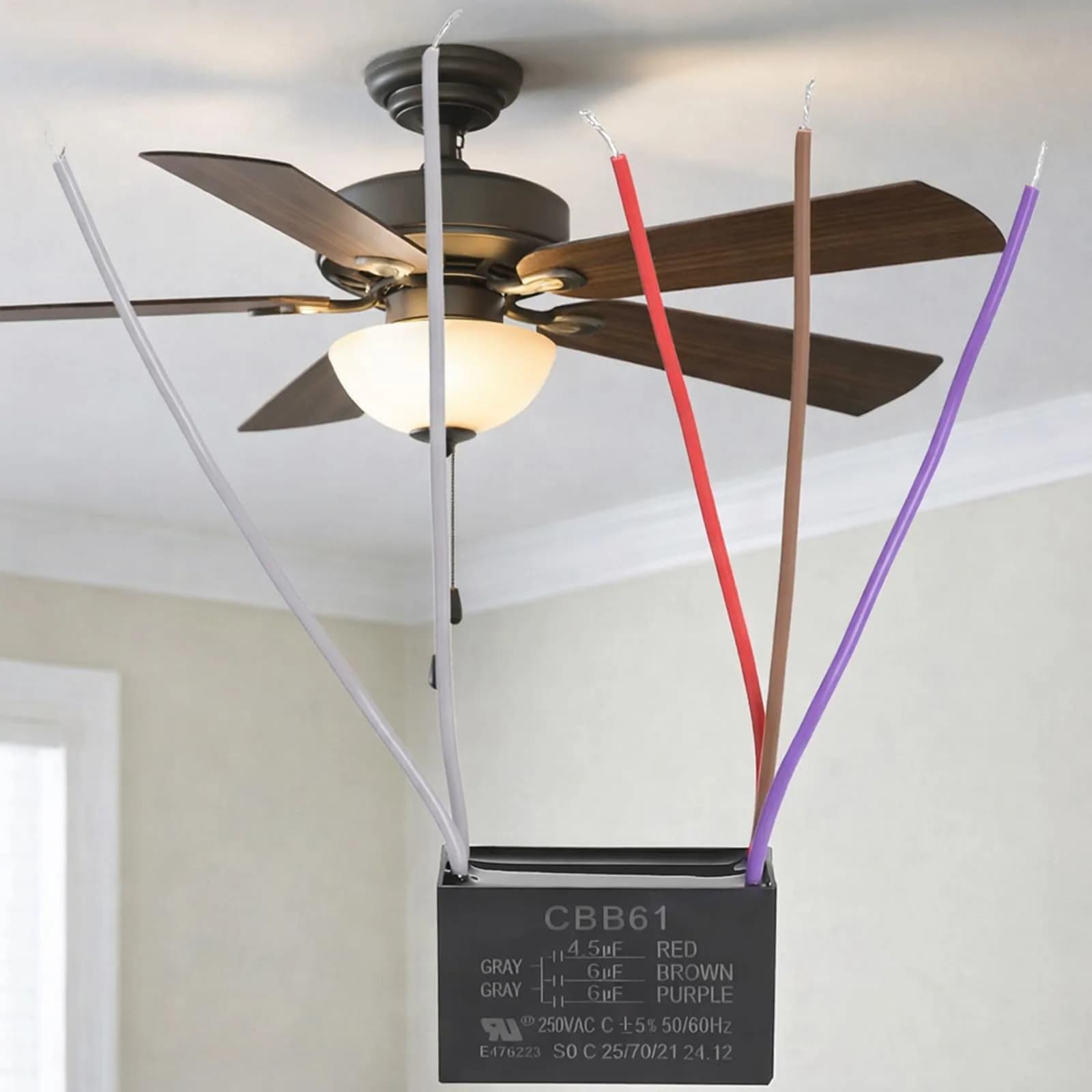 Podoy CBB61 5-Wire Ceiling Fan Capacitor: 4.5uF + 6uF + 6uF, 250VAC - main product image