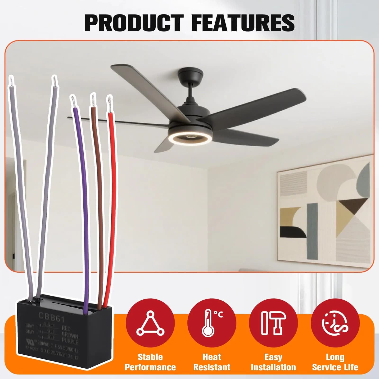 Podoy Ceiling Fan Capacitor 5 Wire CBB61 4.5uF+6uF+6uF 250VAC | Universal Fit for Harbor Breeze Fans - view 5