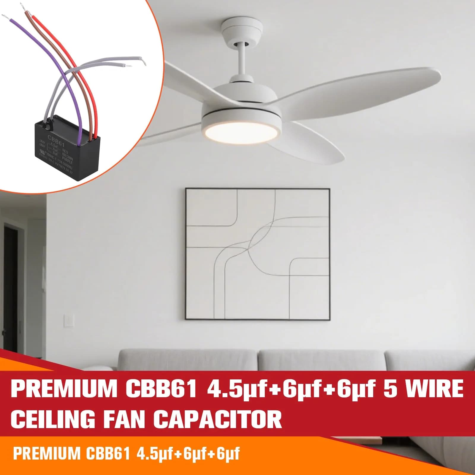 Podoy Ceiling Fan Capacitor 5 Wire CBB61 4.5uF+6uF+6uF 250VAC | Universal Fit for Harbor Breeze Fans - view 7