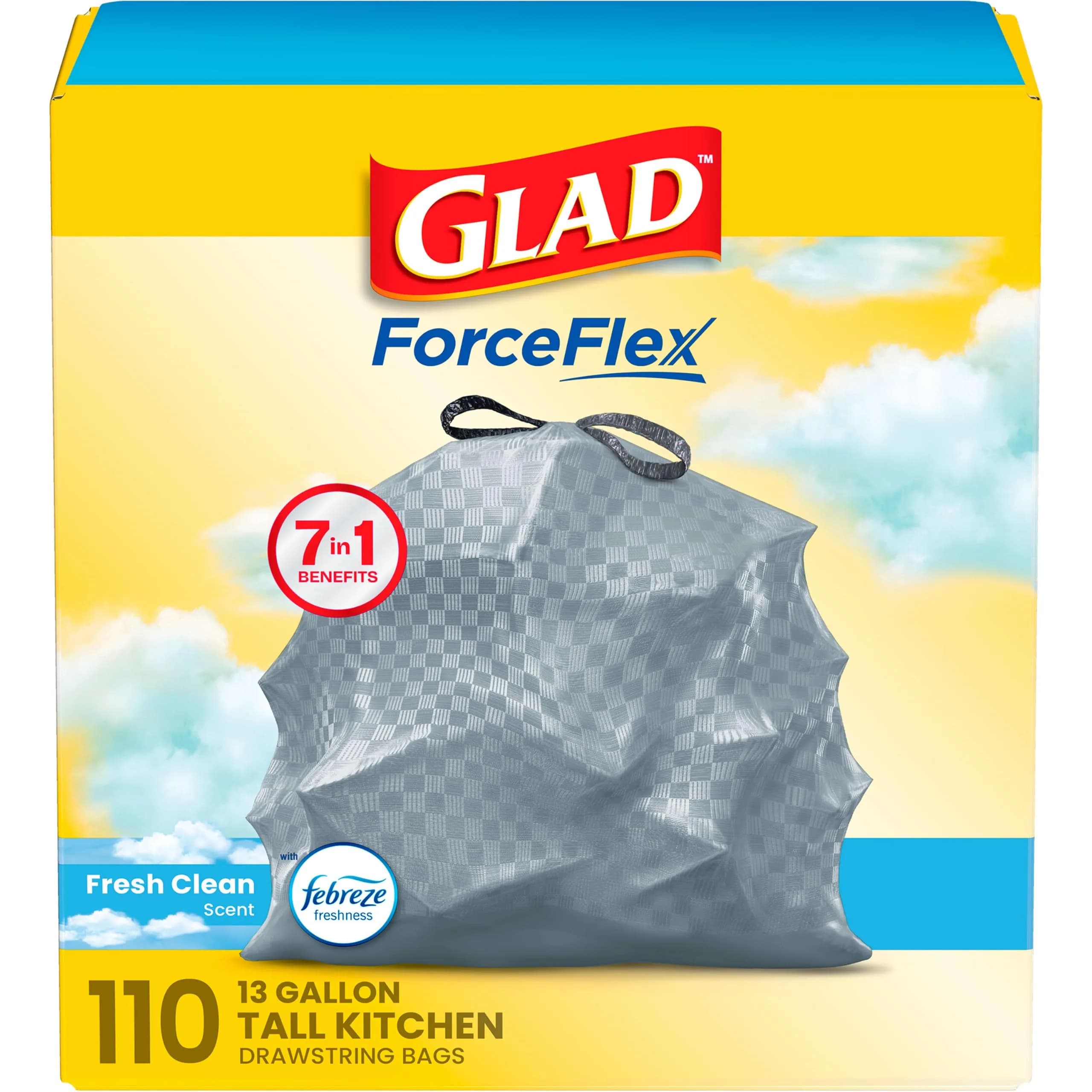 Glad Tall Kitchen Drawstring Trash Bags 13 Gallon | Odorshield Febreze Fresh Clean, 110 Count