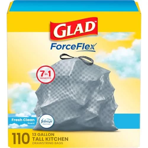 Glad Tall Kitchen Drawstring Trash Bags 13 Gallon | Odorshield Febreze Fresh Clean, 110 Count thumbnail 1