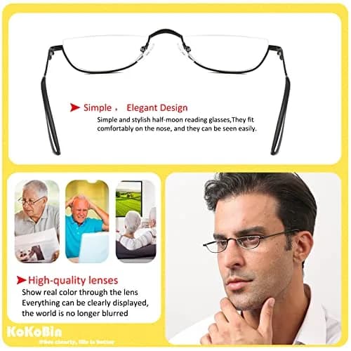 KoKoBin Half Reading Glasses 2 Pairs Metal Frame 2.50 Diopters | Clear Lens, Unisex Adult thumbnail 5