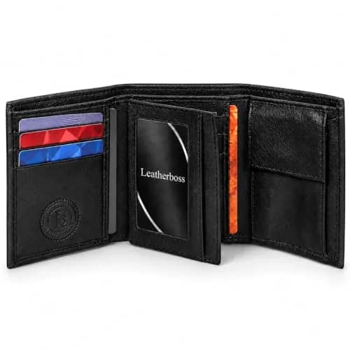 LB LEATHERBOSS Black Genuine Leather Trifold Wallet for Men | 10.16cm (4in) Long thumbnail 1