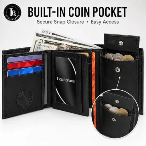 LB LEATHERBOSS Black Genuine Leather Trifold Wallet for Men | 10.16cm (4in) Long thumbnail 2