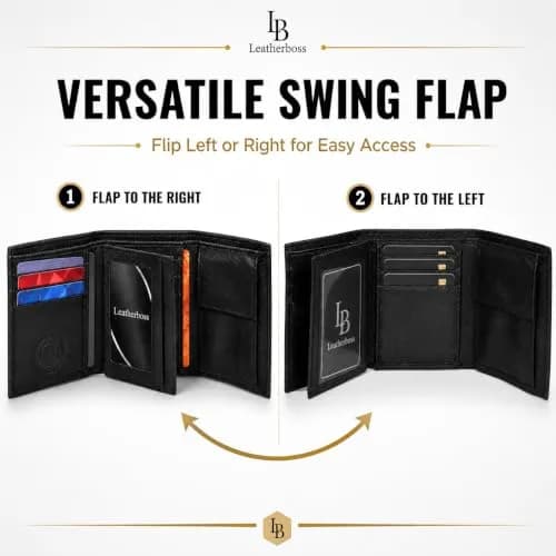 LB LEATHERBOSS Black Genuine Leather Trifold Wallet for Men | 10.16cm (4in) Long thumbnail 3