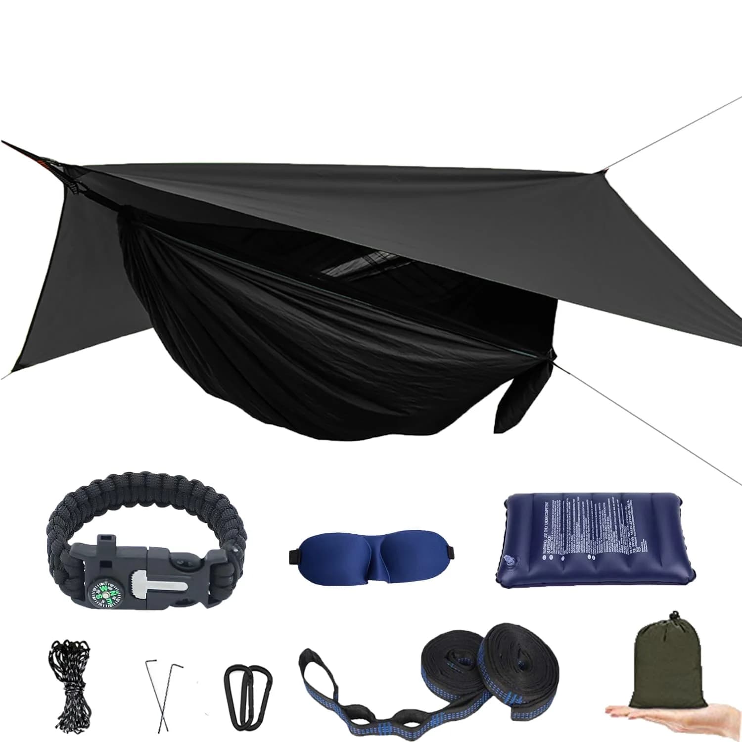 AEETT Camping Hammock with Mosquito Net and Rain Fly | 210T Nylon, 660 lbs Capacity, Waterproof, Portable (114 x 55 inches) — Black