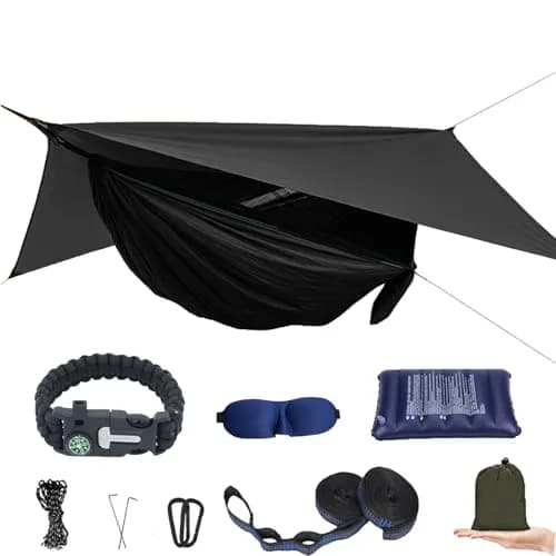 AEETT Camping Hammock with Mosquito Net and Rain Fly | 210T Nylon, 660 lbs Capacity, Waterproof, Portable (114 x 55 inches) thumbnail 1
