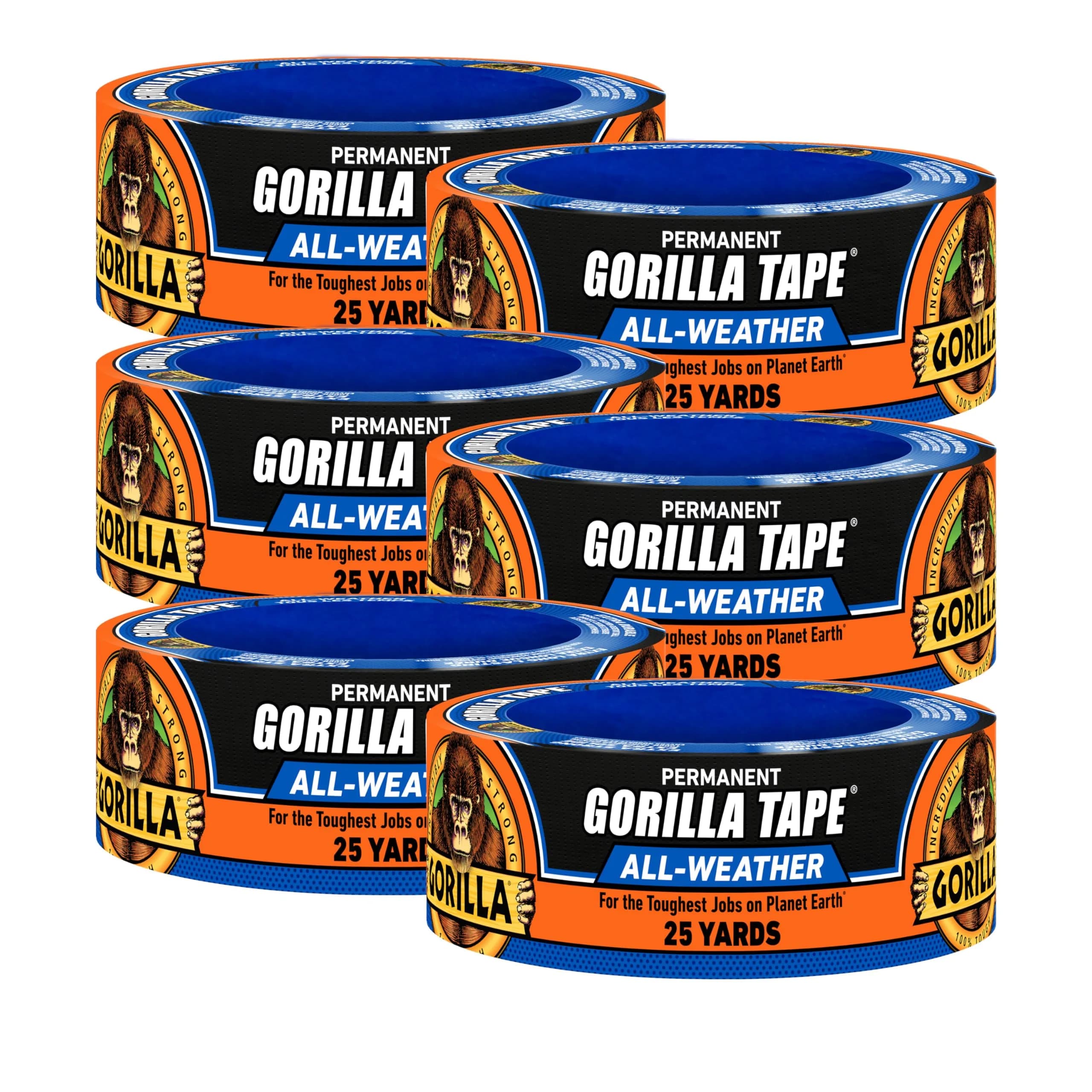Gorilla All Weather Duct Tape Black 1.88" x 25 yd (6-Pack) | UV & Temperature Resistant Waterproof Tape - main product image
