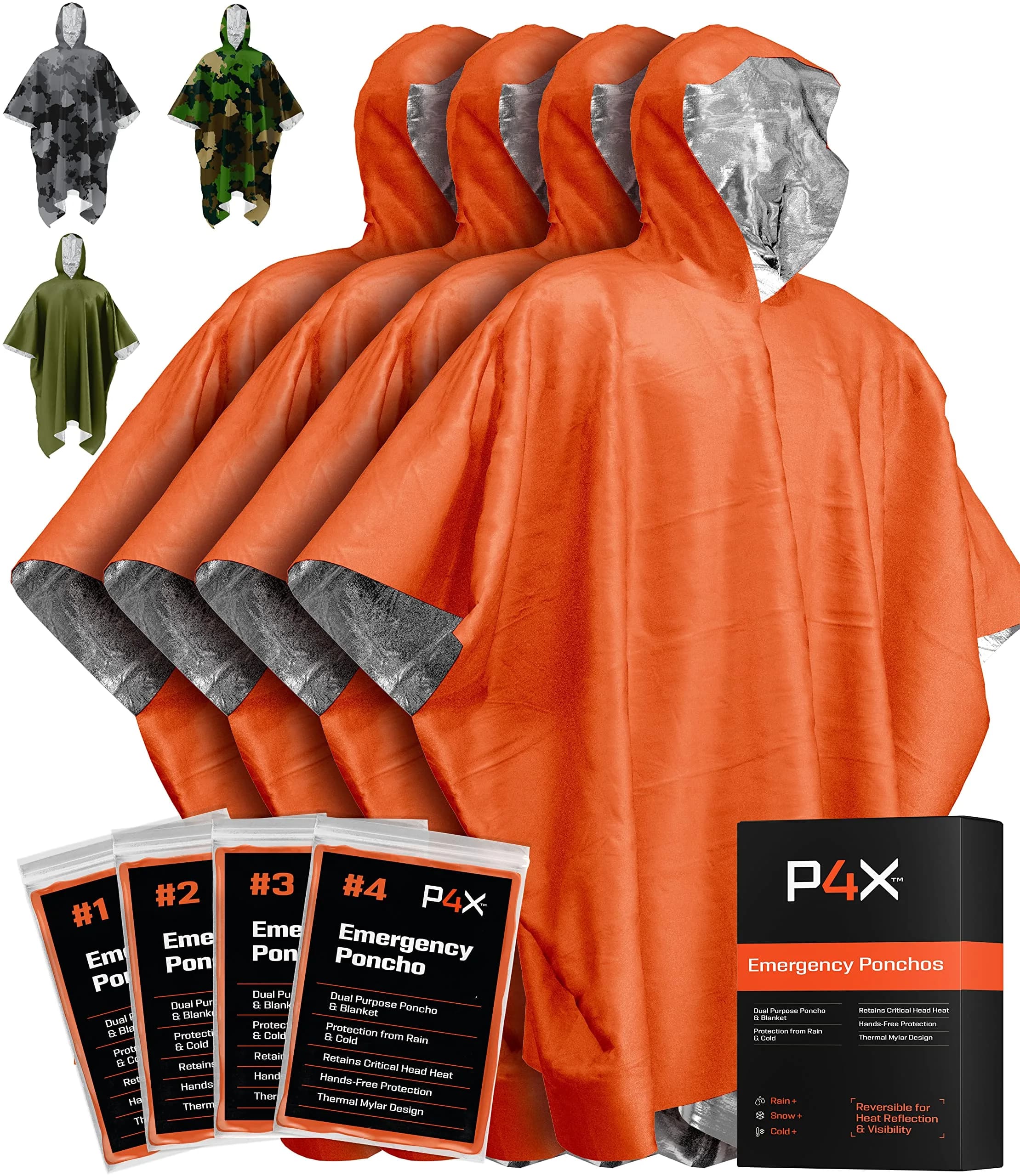 PREPARED4X Emergency Mylar Poncho 4-Pack (Orange) | Survival Rain Poncho with Hood, Reusable Thermal Gear