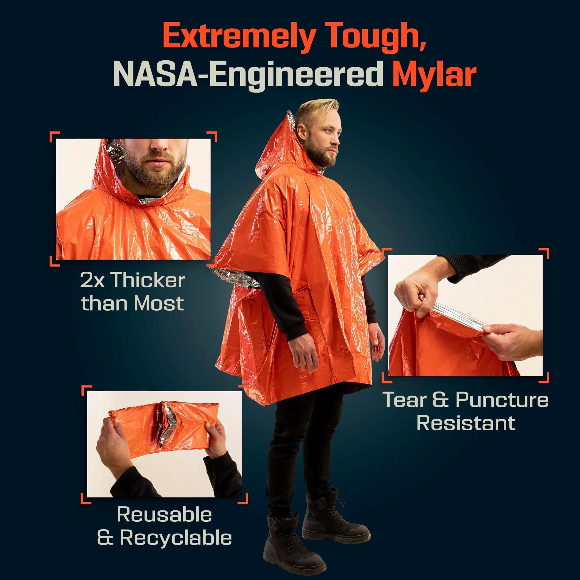 PREPARED4X Emergency Mylar Poncho 4-Pack (Orange) | Survival Rain Poncho with Hood, Reusable Thermal Gear - view 5