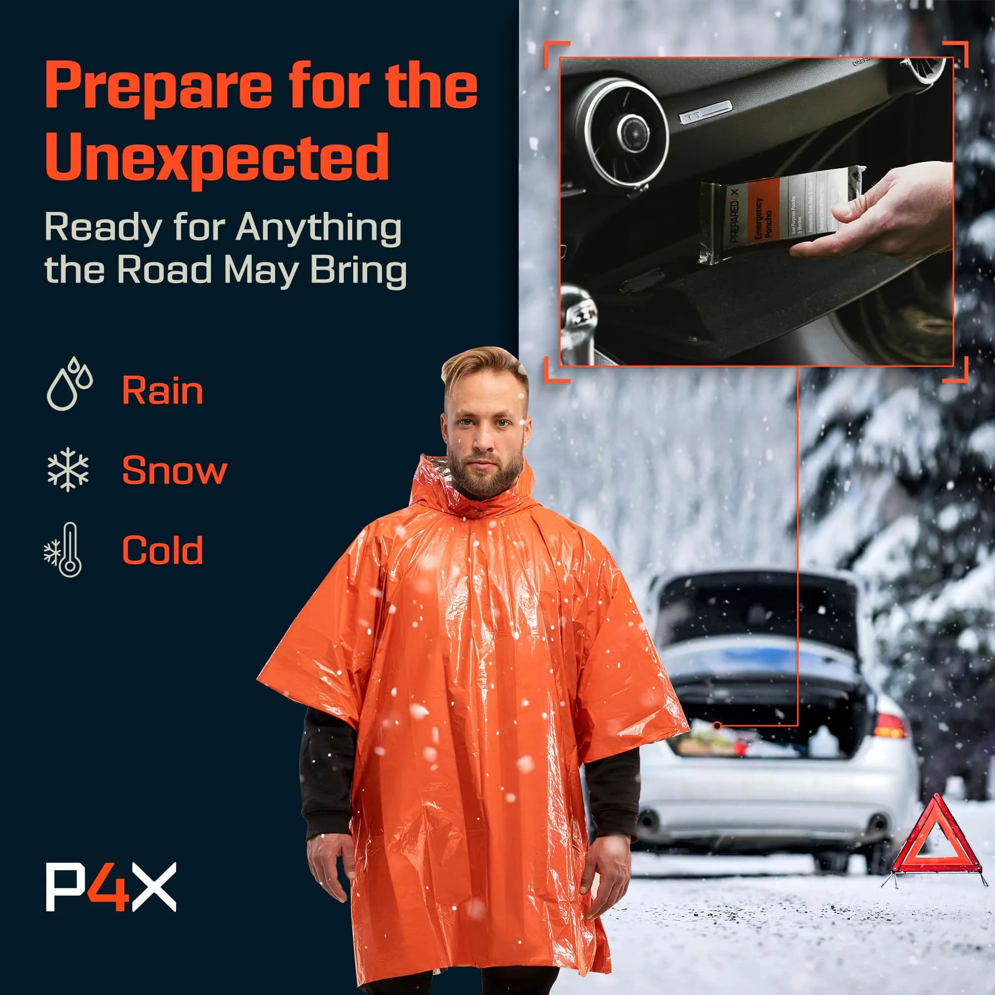 PREPARED4X Emergency Mylar Poncho 4-Pack (Orange) | Survival Rain Poncho with Hood, Reusable Thermal Gear - view 6