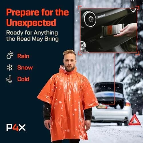 PREPARED4X Emergency Mylar Poncho 4-Pack (Orange) | Survival Rain Poncho with Hood, Reusable Thermal Gear thumbnail 6