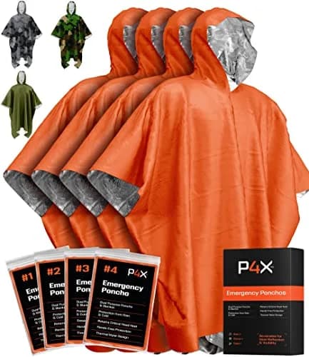 PREPARED4X Emergency Mylar Poncho 4-Pack (Orange) | Survival Rain Poncho with Hood, Reusable Thermal Gear thumbnail 1