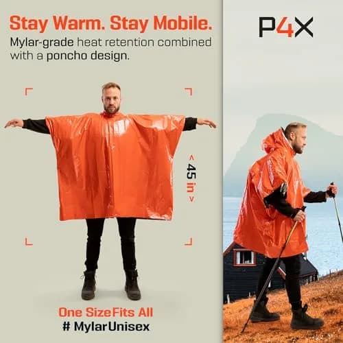 PREPARED4X Emergency Mylar Poncho 4-Pack (Orange) | Survival Rain Poncho with Hood, Reusable Thermal Gear thumbnail 2