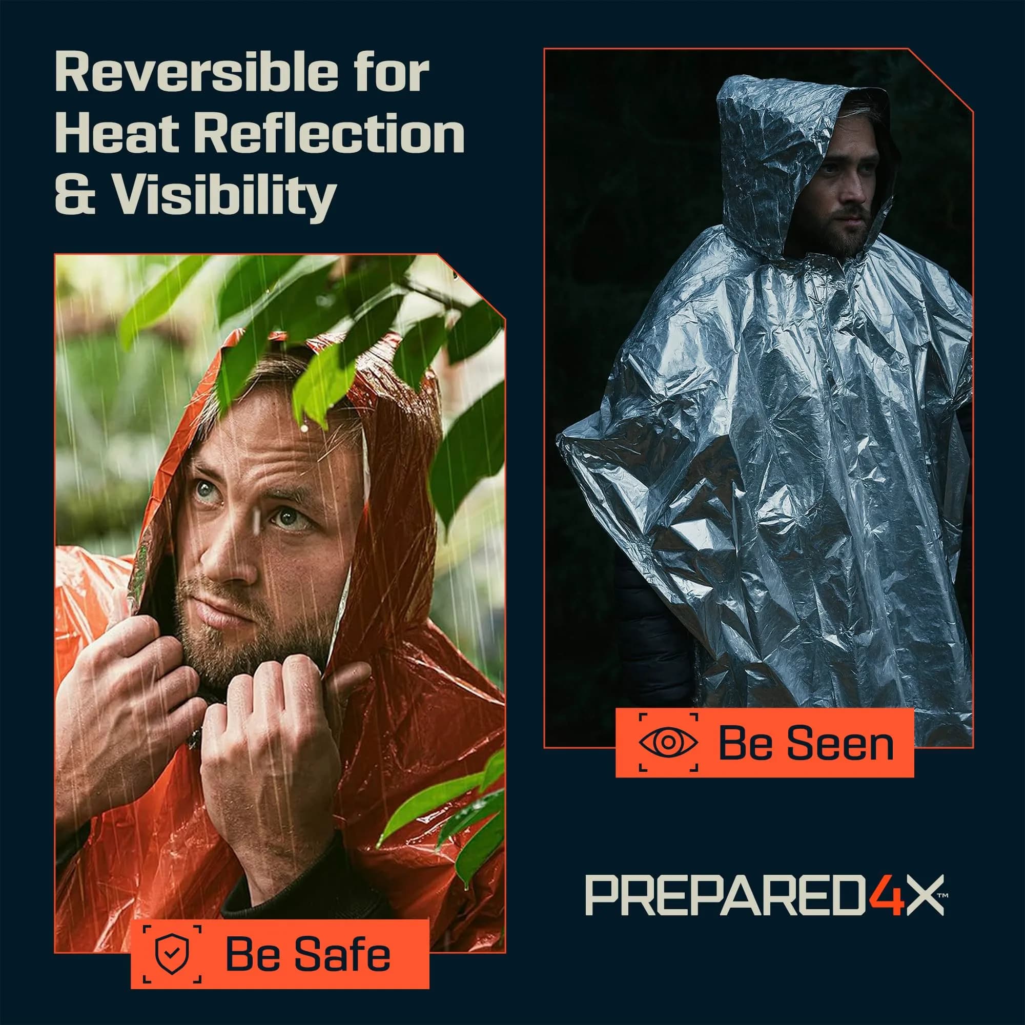 PREPARED4X Emergency Mylar Poncho 4-Pack (Orange) | Survival Rain Poncho with Hood, Reusable Thermal Gear - view 4