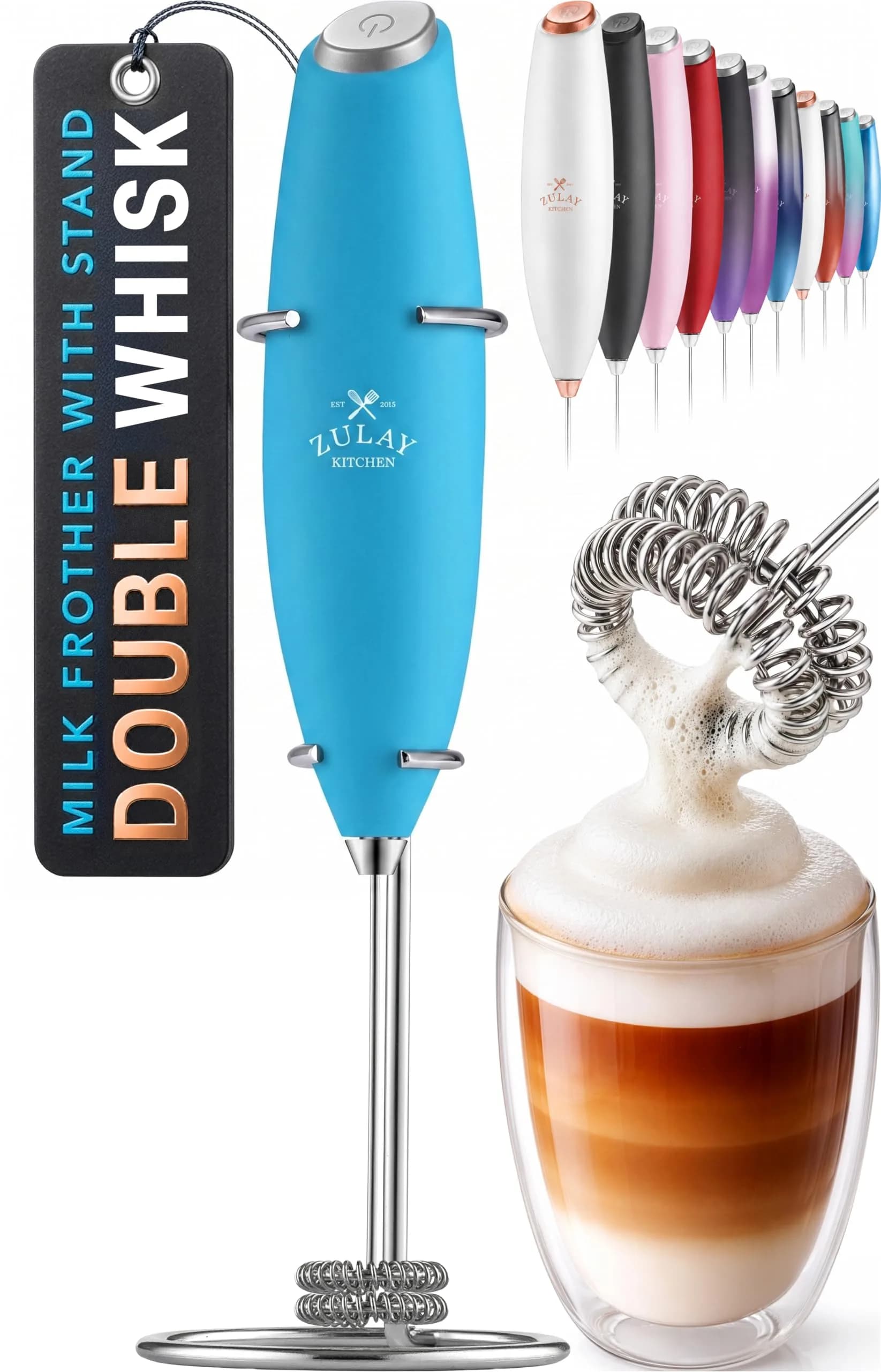 Zulay Milk Frother Ocean Blue | Handheld Electric Whisk for Frothy Beverages