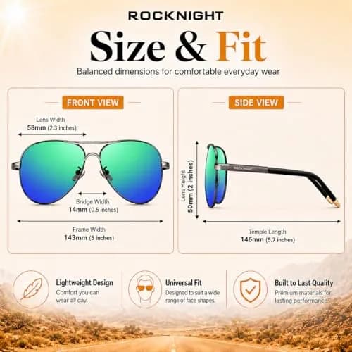 ROCKNIGHT Polarized Aviator Sunglasses Men Women UV400 Metal Frame Driving | Lightweight Metal Frame with Adjustable Nose Pads thumbnail 4