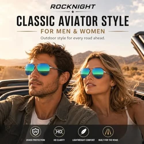 ROCKNIGHT Polarized Aviator Sunglasses Men Women UV400 Metal Frame Driving | Lightweight Metal Frame with Adjustable Nose Pads thumbnail 6