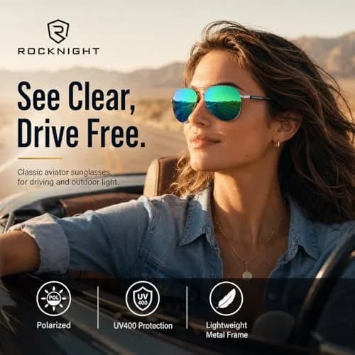 ROCKNIGHT Polarized Aviator Sunglasses Men Women UV400 Metal Frame Driving | Lightweight Metal Frame with Adjustable Nose Pads thumbnail 2